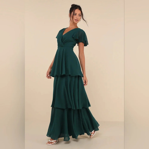 Lulus Sincerely Exquisite Emerald Green Short Sleeve Tiered Maxi Dress Wedding - Picture 3 of 8